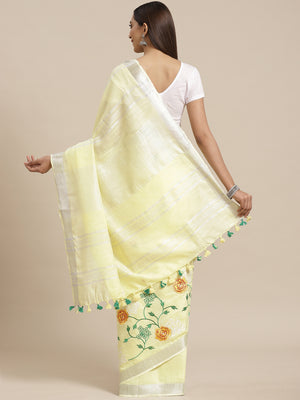 Yellow and Green, Kalakari India Linen Woven Saree and Blouse ALBGSA0053-Saree-Kalakari India-ALBGSA0053-Cotton, Geographical Indication, Hand Crafted, Heritage Prints, Linen, Natural Dyes, Red, Sarees, Shibori, Sustainable Fabrics, Woven, Yellow-[Linen,Ethnic,wear,Fashionista,Handloom,Handicraft,Indigo,blockprint,block,print,Cotton,Chanderi,Blue, latest,classy,party,bollywood,trendy,summer,style,traditional,formal,elegant,unique,style,hand,block,print, dabu,booti,gift,present,glamorous,affordab