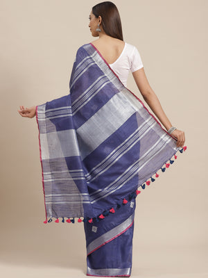 Blue and Red, Kalakari India Linen Woven Saree and Blouse ALBGSA0065-Saree-Kalakari India-ALBGSA0065-Cotton, Geographical Indication, Hand Crafted, Heritage Prints, Linen, Natural Dyes, Red, Sarees, Shibori, Sustainable Fabrics, Woven, Yellow-[Linen,Ethnic,wear,Fashionista,Handloom,Handicraft,Indigo,blockprint,block,print,Cotton,Chanderi,Blue, latest,classy,party,bollywood,trendy,summer,style,traditional,formal,elegant,unique,style,hand,block,print, dabu,booti,gift,present,glamorous,affordable,c