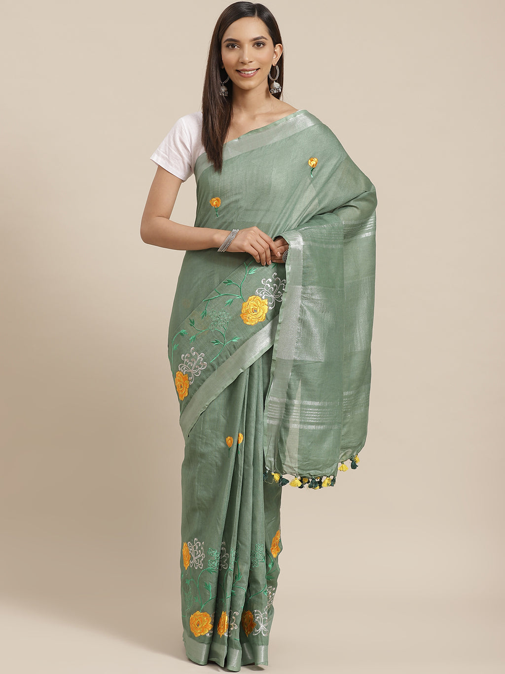 Olive and White, Kalakari India Linen Handwoven Saree and Blouse ALBGSA0082-Saree-Kalakari India-ALBGSA0082-Cotton, Geographical Indication, Hand Crafted, Heritage Prints, Linen, Natural Dyes, Red, Sarees, Shibori, Sustainable Fabrics, Woven, Yellow-[Linen,Ethnic,wear,Fashionista,Handloom,Handicraft,Indigo,blockprint,block,print,Cotton,Chanderi,Blue, latest,classy,party,bollywood,trendy,summer,style,traditional,formal,elegant,unique,style,hand,block,print, dabu,booti,gift,present,glamorous,affor
