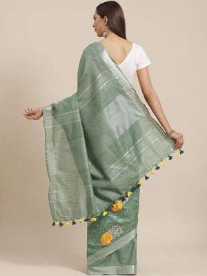 Olive and White, Kalakari India Linen Handwoven Saree and Blouse ALBGSA0082-Saree-Kalakari India-ALBGSA0082-Cotton, Geographical Indication, Hand Crafted, Heritage Prints, Linen, Natural Dyes, Red, Sarees, Shibori, Sustainable Fabrics, Woven, Yellow-[Linen,Ethnic,wear,Fashionista,Handloom,Handicraft,Indigo,blockprint,block,print,Cotton,Chanderi,Blue, latest,classy,party,bollywood,trendy,summer,style,traditional,formal,elegant,unique,style,hand,block,print, dabu,booti,gift,present,glamorous,affor