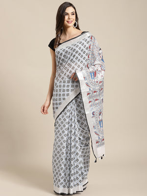 White and Blue, Kalakari India Bhagalpuri Linen Blend Woven Design Saree with Blouse ALBGSA0144-Saree-Kalakari India-ALBGSA0144-Cotton, Geographical Indication, Hand Crafted, Heritage Prints, Linen, Natural Dyes, Red, Sarees, Shibori, Sustainable Fabrics, Woven, Yellow-[Linen,Ethnic,wear,Fashionista,Handloom,Handicraft,Indigo,blockprint,block,print,Cotton,Chanderi,Blue, latest,classy,party,bollywood,trendy,summer,style,traditional,formal,elegant,unique,style,hand,block,print, dabu,booti,gift,pre