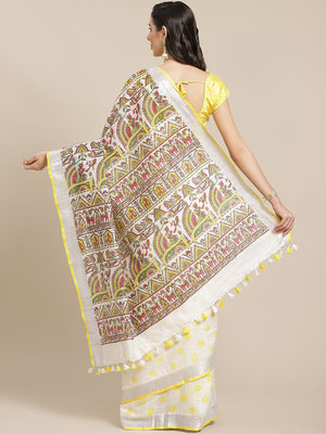 Off White and Green, Kalakari India Bhagalpuri Linen Blend Woven Design Saree with Blouse ALBGSA0148-Saree-Kalakari India-ALBGSA0148-Cotton, Geographical Indication, Hand Crafted, Heritage Prints, Linen, Natural Dyes, Red, Sarees, Shibori, Sustainable Fabrics, Woven, Yellow-[Linen,Ethnic,wear,Fashionista,Handloom,Handicraft,Indigo,blockprint,block,print,Cotton,Chanderi,Blue, latest,classy,party,bollywood,trendy,summer,style,traditional,formal,elegant,unique,style,hand,block,print, dabu,booti,gif