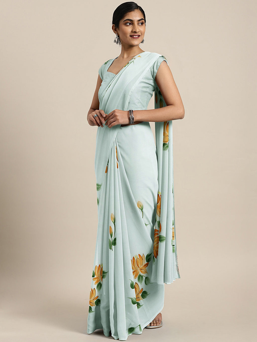 Kalakari India Organza Hand Painted Saree With Blouse BHKPSA0162-Saree-Kalakari India-BHKPSA0162-Bollywood, Fashion, Geographical Indication, Hand Crafted, Heritage Prints, Natural Dyes, Organza, Sarees, Sustainable Fabrics, Woven-[Linen,Ethnic,wear,Fashionista,Handloom,Handicraft,Indigo,blockprint,block,print,Cotton,Chanderi,Blue, latest,classy,party,bollywood,trendy,summer,style,traditional,formal,elegant,unique,style,hand,block,print, dabu,booti,gift,present,glamorous,affordable,collectible,S