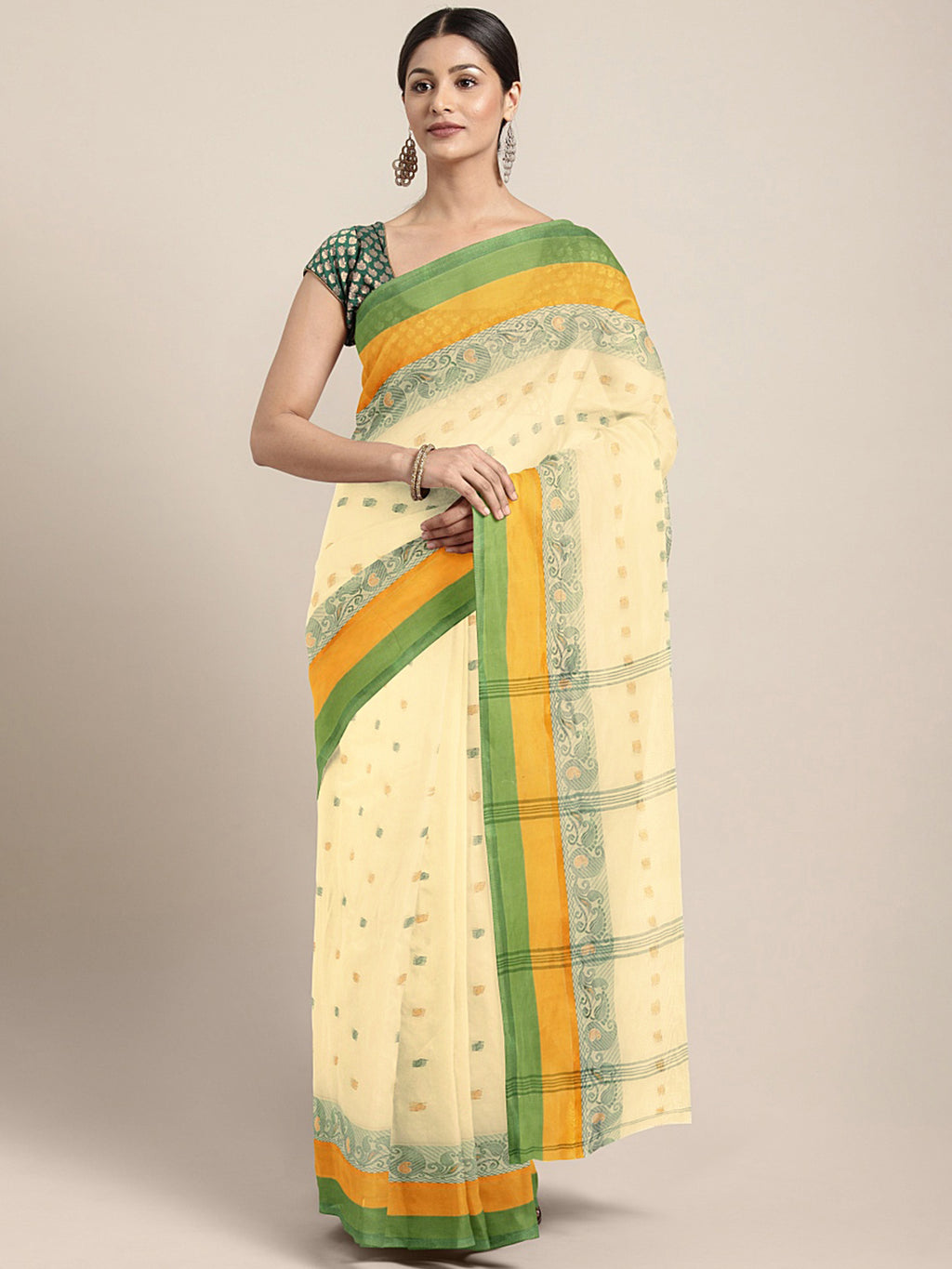 Cream Tant Woven Design Saree Without Blouse Piece DUTASA051 DUTASA051-Saree-Kalakari India-DUTASA051-Geographical Indication, Hand Crafted, Heritage Prints, Natural Dyes, Sarees, Silk Cotton, Sustainable Fabrics, Taant, Tant, West Bengal, Woven-[Linen,Ethnic,wear,Fashionista,Handloom,Handicraft,Indigo,blockprint,block,print,Cotton,Chanderi,Blue, latest,classy,party,bollywood,trendy,summer,style,traditional,formal,elegant,unique,style,hand,block,print, dabu,booti,gift,present,glamorous,affordabl