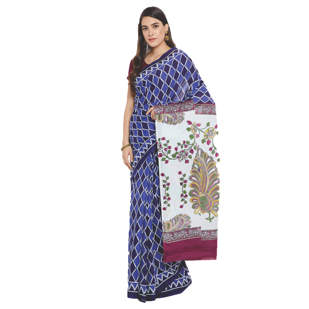 Navy Blue & White Indigo Screen Print Handcrafted Cotton Saree-Saree-Kalakari India-RDSWSA0102-Cotton, Geographical Indication, Hand Blocks, Hand Crafted, Heritage Prints, Indigo, Sarees, Screen Print, Sustainable Fabrics-[Linen,Ethnic,wear,Fashionista,Handloom,Handicraft,Indigo,blockprint,block,print,Cotton,Chanderi,Blue, latest,classy,party,bollywood,trendy,summer,style,traditional,formal,elegant,unique,style,hand,block,print, dabu,booti,gift,present,glamorous,affordable,collectible,Sari,Saree