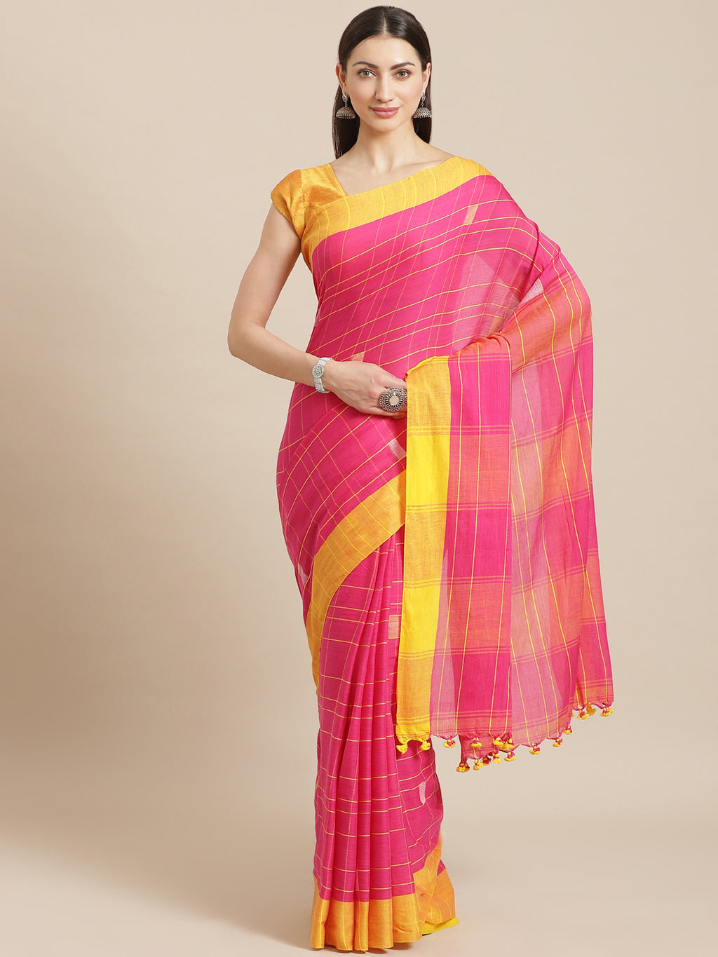 Pink and Yellow, Kalakari India Cotton Pink Hand crafted saree with blouse SHBESA0025-Saree-Kalakari India-SHBESA0025-Bengal, Cotton, Geographical Indication, Hand Crafted, Heritage Prints, Ikkat, Natural Dyes, Red, Sarees, Sustainable Fabrics, Woven, Yellow-[Linen,Ethnic,wear,Fashionista,Handloom,Handicraft,Indigo,blockprint,block,print,Cotton,Chanderi,Blue, latest,classy,party,bollywood,trendy,summer,style,traditional,formal,elegant,unique,style,hand,block,print, dabu,booti,gift,present,glamor