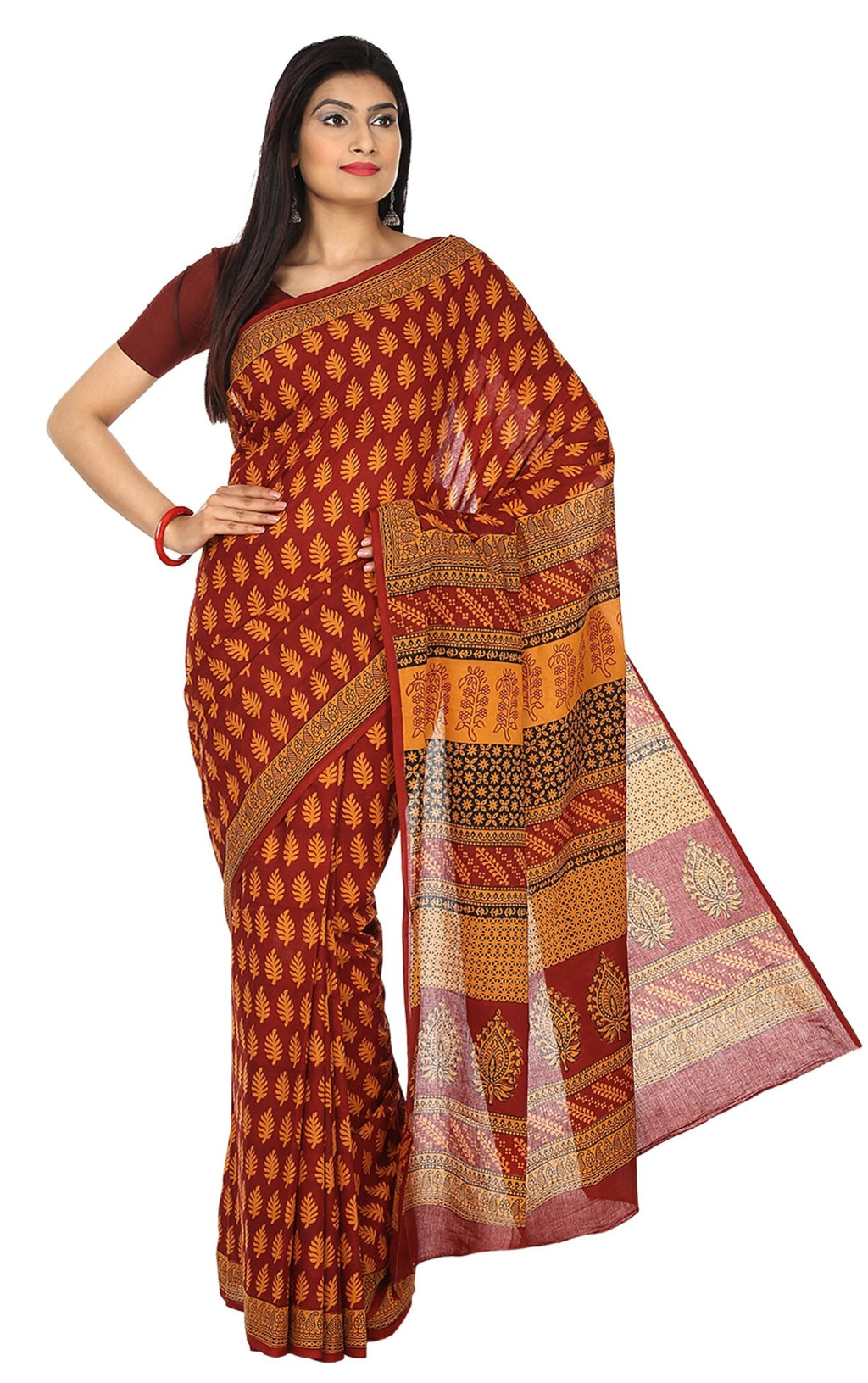 Kalakari India Maroon & Mustard Yellow Hand block Bagh Print Handcrafted Cotton Saree-Saree-Kalakari India-ZIBASA0001-Bagh, Cotton, Geographical Indication, Hand Blocks, Hand Crafted, Heritage Prints, Natural Dyes, Sarees, Sustainable Fabrics-[Linen,Ethnic,wear,Fashionista,Handloom,Handicraft,Indigo,blockprint,block,print,Cotton,Chanderi,Blue, latest,classy,party,bollywood,trendy,summer,style,traditional,formal,elegant,unique,style,hand,block,print, dabu,booti,gift,present,glamorous,affordable,c