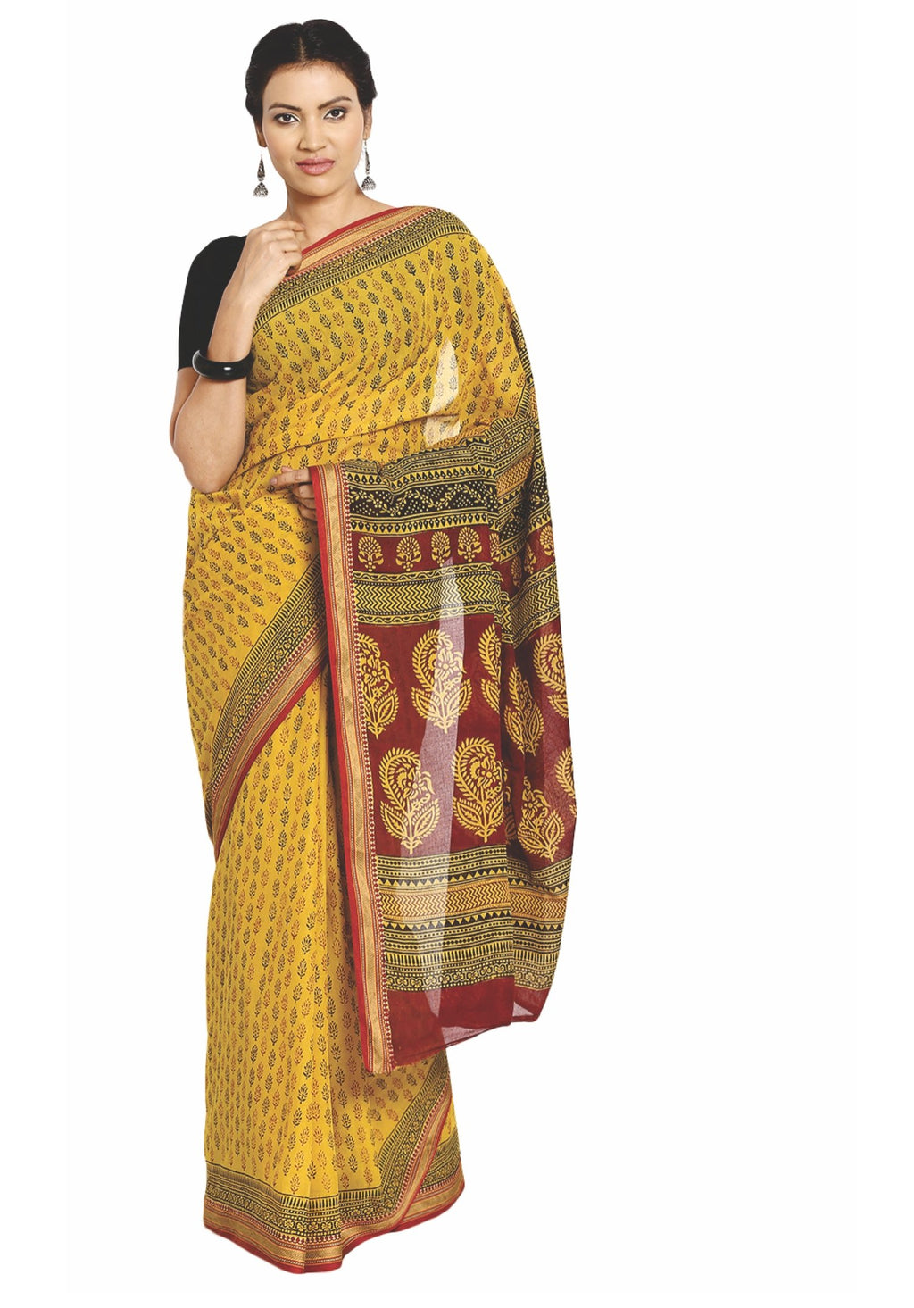 Yellow Cotton Hand Block Bagh Print Handcrafted Saree-Saree-Kalakari India-ZIBASA0059-Bagh, Cotton, Geographical Indication, Hand Blocks, Hand Crafted, Heritage Prints, Natural Dyes, Sarees, Sustainable Fabrics-[Linen,Ethnic,wear,Fashionista,Handloom,Handicraft,Indigo,blockprint,block,print,Cotton,Chanderi,Blue, latest,classy,party,bollywood,trendy,summer,style,traditional,formal,elegant,unique,style,hand,block,print, dabu,booti,gift,present,glamorous,affordable,collectible,Sari,Saree,printed, h