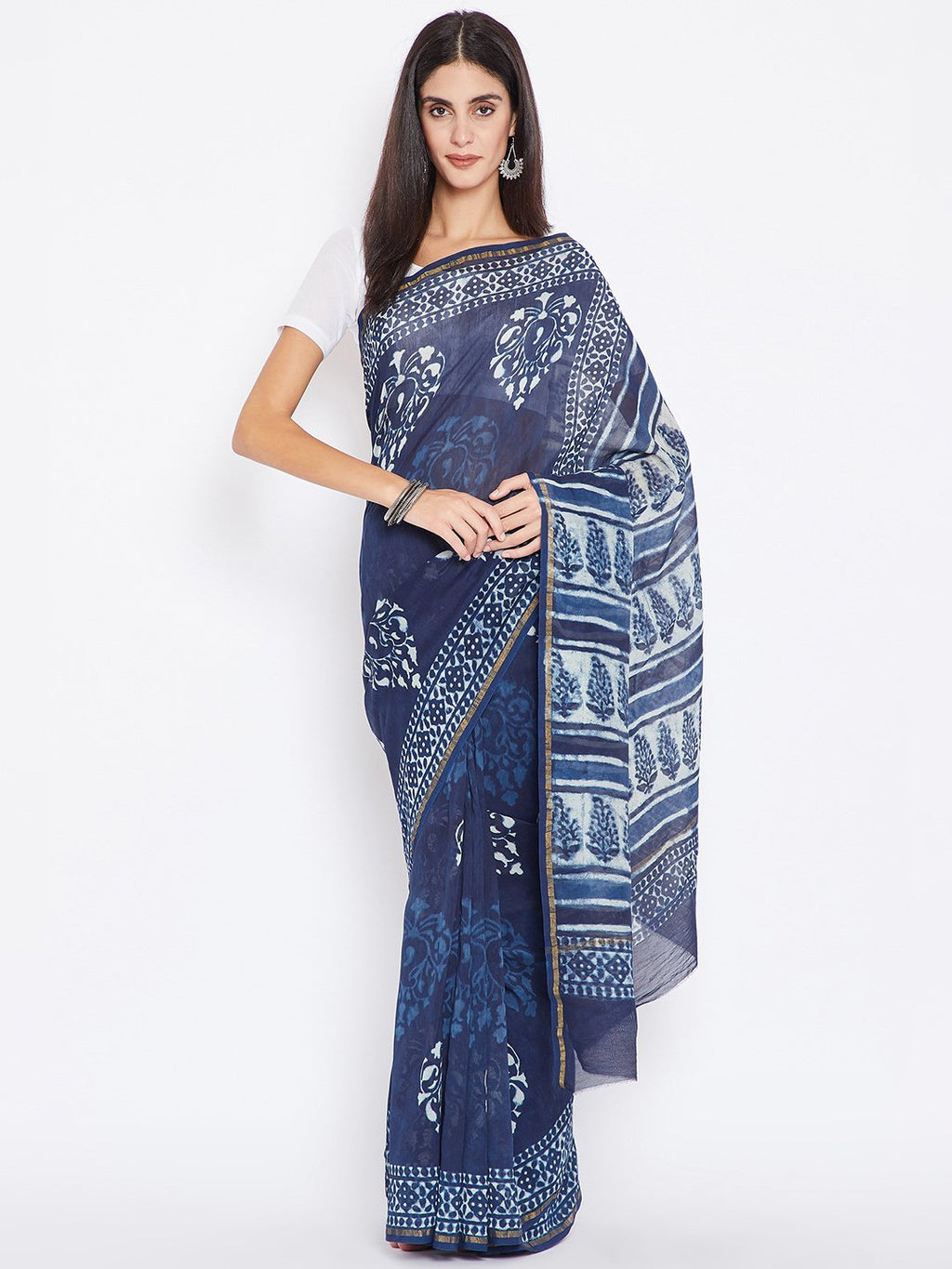 Blue & White Chanderi Silk Cotton Hand Block Print Handcrafted Saree - Kalakari India