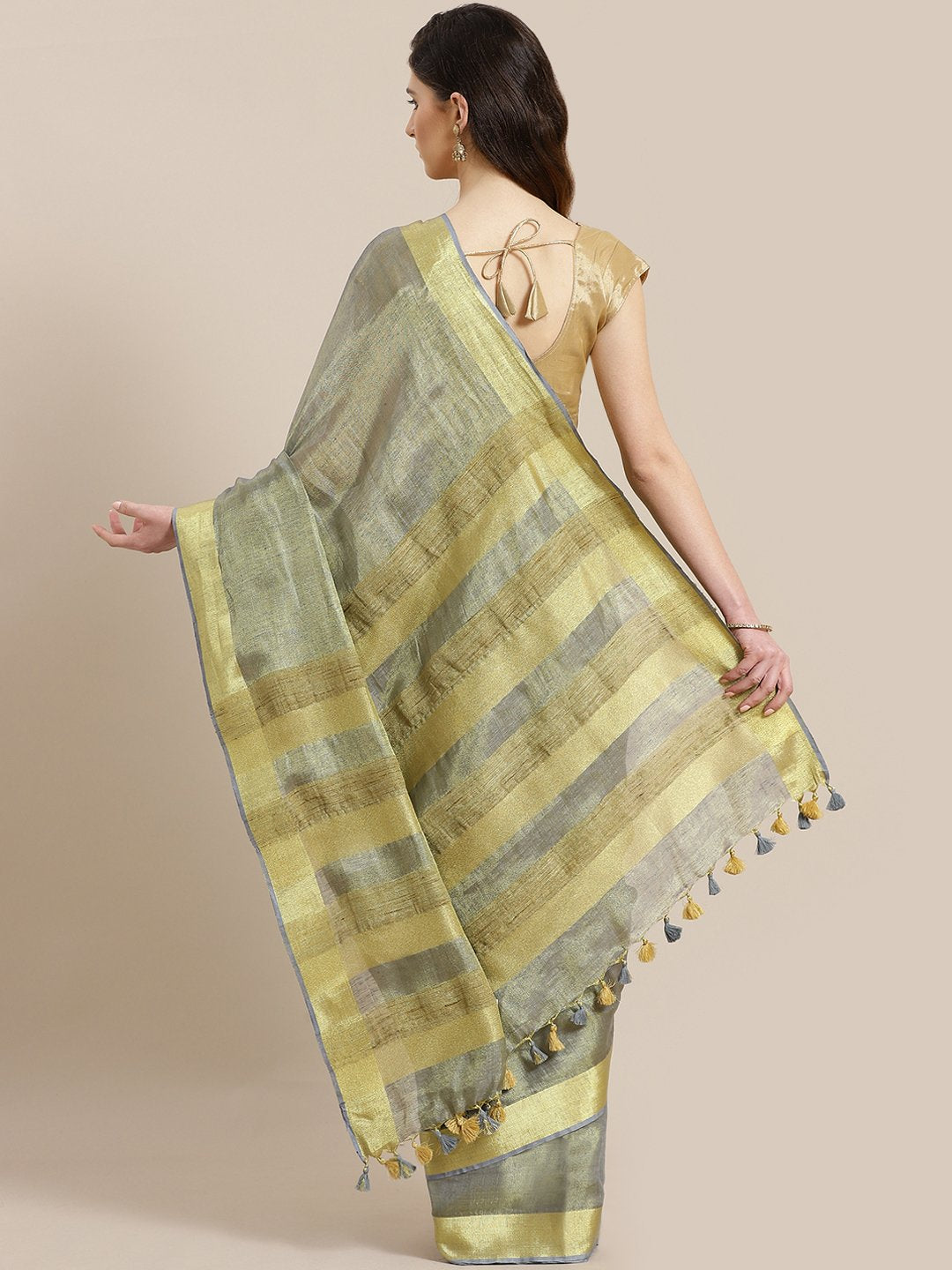 Grey Golden Dual-Tone Handwoven Handcrafted Solid Saree-Saree-Kalakari India-ALBGSA0004-Hand Woven, Sarees, Sustainable Fabrics, Tissue, Traditional Weave-[Linen,Ethnic,wear,Fashionista,Handloom,Handicraft,Indigo,blockprint,block,print,Cotton,Chanderi,Blue, latest,classy,party,bollywood,trendy,summer,style,traditional,formal,elegant,unique,style,hand,block,print, dabu,booti,gift,present,glamorous,affordable,collectible,Sari,Saree,printed, holi, Diwali, birthday, anniversary, sustainable, organic