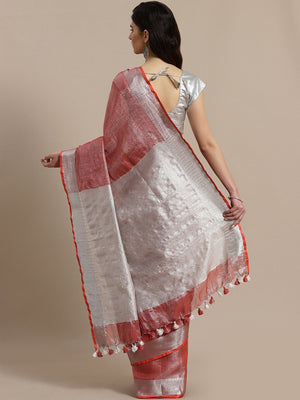 Red Silver Dual-ToneHandwoven Handcrafted Solid Saree-Saree-Kalakari India-ALBGSA0008-Hand Woven, Sarees, Sustainable Fabrics, Tissue, Traditional Weave-[Linen,Ethnic,wear,Fashionista,Handloom,Handicraft,Indigo,blockprint,block,print,Cotton,Chanderi,Blue, latest,classy,party,bollywood,trendy,summer,style,traditional,formal,elegant,unique,style,hand,block,print, dabu,booti,gift,present,glamorous,affordable,collectible,Sari,Saree,printed, holi, Diwali, birthday, anniversary, sustainable, organic, 