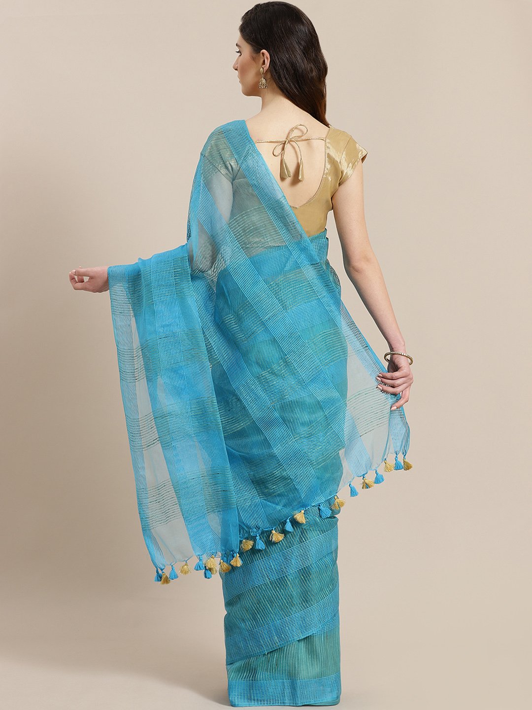 Blue Green Self-Checked Handwoven Saree-Saree-Kalakari India-ALBGSA0011-Hand Crafted Sustainable Fabrics, Kota Silk, Linen, Sarees, Traditional Weave-[Linen,Ethnic,wear,Fashionista,Handloom,Handicraft,Indigo,blockprint,block,print,Cotton,Chanderi,Blue, latest,classy,party,bollywood,trendy,summer,style,traditional,formal,elegant,unique,style,hand,block,print, dabu,booti,gift,present,glamorous,affordable,collectible,Sari,Saree,printed, holi, Diwali, birthday, anniversary, sustainable, organic, sca