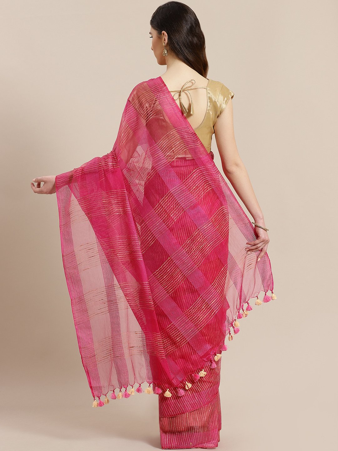 Pink Beige Self-Checked Handwoven Saree-Saree-Kalakari India-ALBGSA0012-Hand Crafted Sustainable Fabrics, Kota Silk, Linen, Sarees, Traditional Weave-[Linen,Ethnic,wear,Fashionista,Handloom,Handicraft,Indigo,blockprint,block,print,Cotton,Chanderi,Blue, latest,classy,party,bollywood,trendy,summer,style,traditional,formal,elegant,unique,style,hand,block,print, dabu,booti,gift,present,glamorous,affordable,collectible,Sari,Saree,printed, holi, Diwali, birthday, anniversary, sustainable, organic, sca
