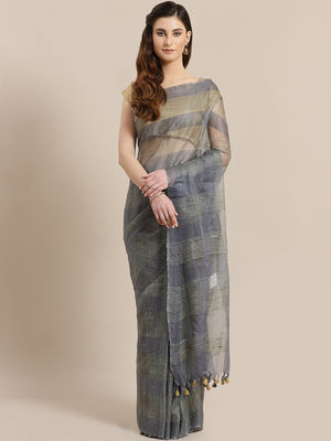 Charcoal Grey Beige Self-Checked Handwoven Saree-Saree-Kalakari India-ALBGSA0013-Hand Crafted Sustainable Fabrics, Kota Silk, Linen, Sarees, Traditional Weave-[Linen,Ethnic,wear,Fashionista,Handloom,Handicraft,Indigo,blockprint,block,print,Cotton,Chanderi,Blue, latest,classy,party,bollywood,trendy,summer,style,traditional,formal,elegant,unique,style,hand,block,print, dabu,booti,gift,present,glamorous,affordable,collectible,Sari,Saree,printed, holi, Diwali, birthday, anniversary, sustainable, org