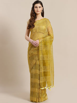 Green Mustard Yellow Self-Checked Handwoven Saree-Saree-Kalakari India-ALBGSA0014-Hand Crafted Sustainable Fabrics, Kota Silk, Linen, Sarees, Traditional Weave-[Linen,Ethnic,wear,Fashionista,Handloom,Handicraft,Indigo,blockprint,block,print,Cotton,Chanderi,Blue, latest,classy,party,bollywood,trendy,summer,style,traditional,formal,elegant,unique,style,hand,block,print, dabu,booti,gift,present,glamorous,affordable,collectible,Sari,Saree,printed, holi, Diwali, birthday, anniversary, sustainable, or