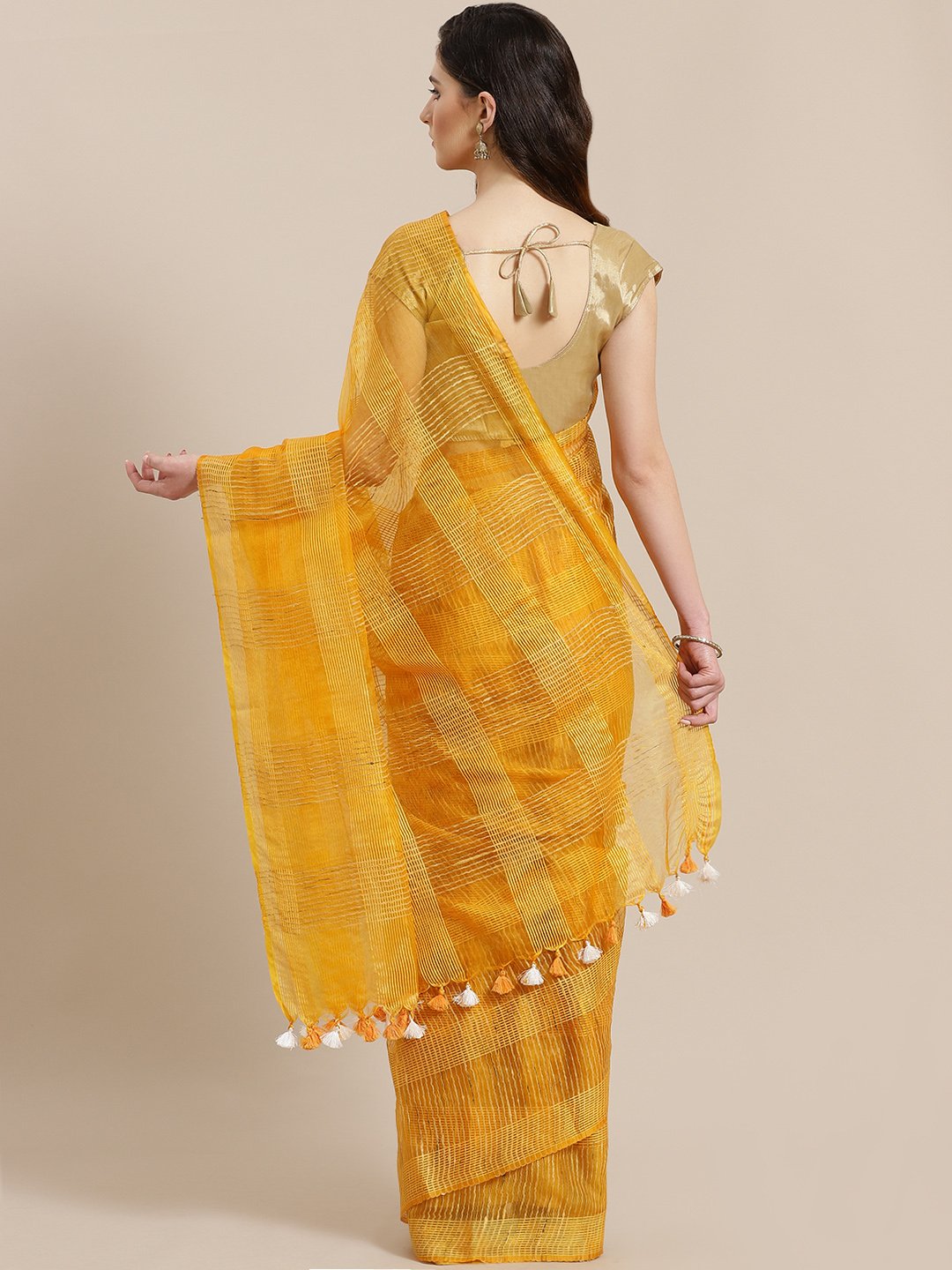 Mustard Yellow Self-Checked Handwoven Saree-Saree-Kalakari India-ALBGSA0024-Hand Crafted Sustainable Fabrics, Kota Silk, Linen, Sarees, Traditional Weave-[Linen,Ethnic,wear,Fashionista,Handloom,Handicraft,Indigo,blockprint,block,print,Cotton,Chanderi,Blue, latest,classy,party,bollywood,trendy,summer,style,traditional,formal,elegant,unique,style,hand,block,print, dabu,booti,gift,present,glamorous,affordable,collectible,Sari,Saree,printed, holi, Diwali, birthday, anniversary, sustainable, organic,