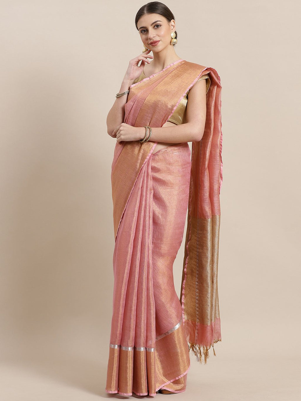 Pink Golden Dual Tone Tissue Woven Design Saree-Saree-Kalakari India-ALBGSA0028-Hand Woven, Sarees, Sustainable Fabrics, Tissue, Traditional Weave-[Linen,Ethnic,wear,Fashionista,Handloom,Handicraft,Indigo,blockprint,block,print,Cotton,Chanderi,Blue, latest,classy,party,bollywood,trendy,summer,style,traditional,formal,elegant,unique,style,hand,block,print, dabu,booti,gift,present,glamorous,affordable,collectible,Sari,Saree,printed, holi, Diwali, birthday, anniversary, sustainable, organic, scarf,