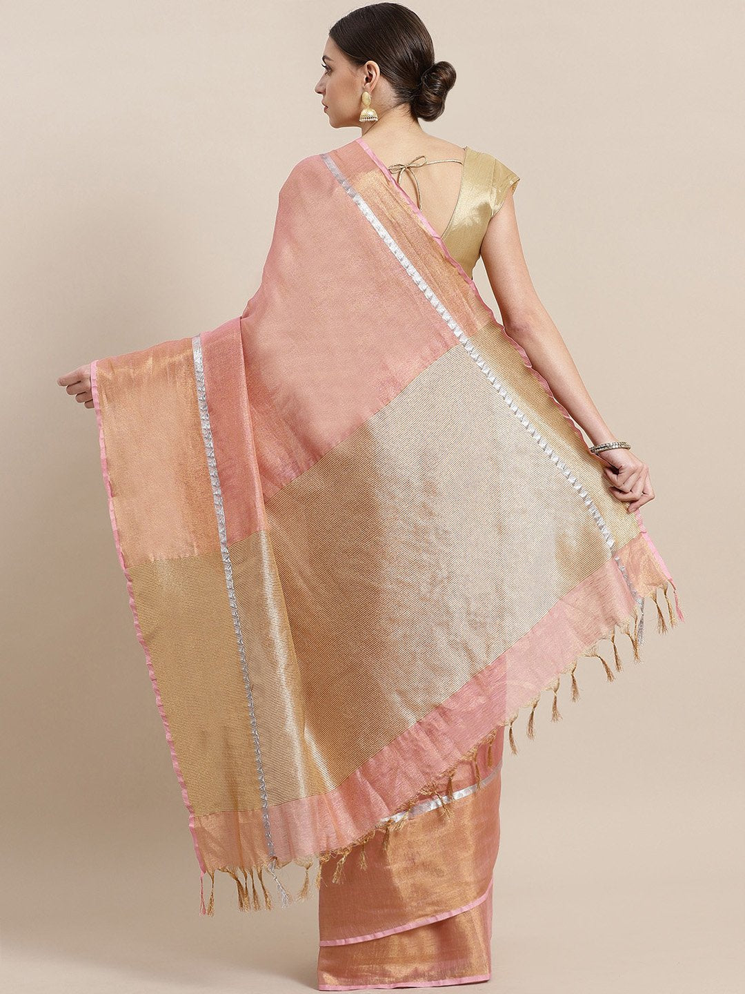 Pink Golden Dual Tone Tissue Woven Design Saree-Saree-Kalakari India-ALBGSA0028-Hand Woven, Sarees, Sustainable Fabrics, Tissue, Traditional Weave-[Linen,Ethnic,wear,Fashionista,Handloom,Handicraft,Indigo,blockprint,block,print,Cotton,Chanderi,Blue, latest,classy,party,bollywood,trendy,summer,style,traditional,formal,elegant,unique,style,hand,block,print, dabu,booti,gift,present,glamorous,affordable,collectible,Sari,Saree,printed, holi, Diwali, birthday, anniversary, sustainable, organic, scarf,