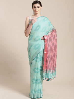 Linen Handwoven Saree and Blouse-Saree-Kalakari India-ALBGSA0033-Hand Woven, Linen, Sarees, Sustainable Fabrics, Traditional Weave-[Linen,Ethnic,wear,Fashionista,Handloom,Handicraft,Indigo,blockprint,block,print,Cotton,Chanderi,Blue, latest,classy,party,bollywood,trendy,summer,style,traditional,formal,elegant,unique,style,hand,block,print, dabu,booti,gift,present,glamorous,affordable,collectible,Sari,Saree,printed, holi, Diwali, birthday, anniversary, sustainable, organic, scarf, online, low pri