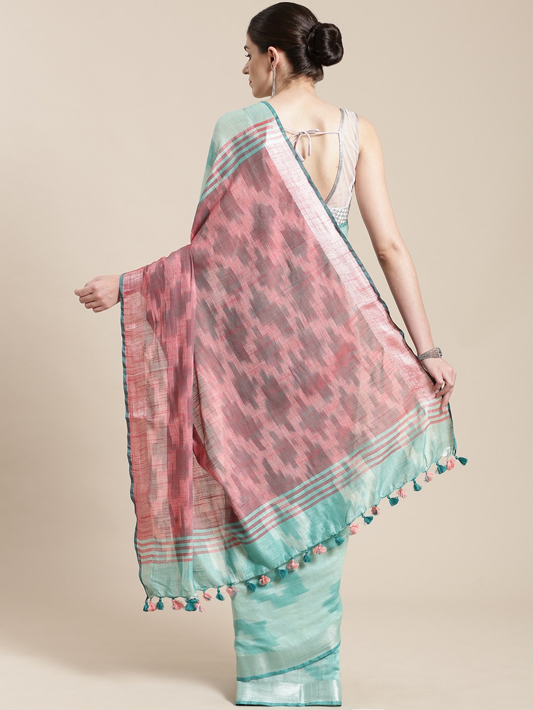 Linen Handwoven Saree and Blouse-Saree-Kalakari India-ALBGSA0033-Hand Woven, Linen, Sarees, Sustainable Fabrics, Traditional Weave-[Linen,Ethnic,wear,Fashionista,Handloom,Handicraft,Indigo,blockprint,block,print,Cotton,Chanderi,Blue, latest,classy,party,bollywood,trendy,summer,style,traditional,formal,elegant,unique,style,hand,block,print, dabu,booti,gift,present,glamorous,affordable,collectible,Sari,Saree,printed, holi, Diwali, birthday, anniversary, sustainable, organic, scarf, online, low pri