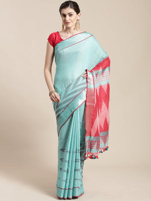 Linen Handwoven Saree and Blouse-Saree-Kalakari India-ALBGSA0035-Hand Woven, Linen, Sarees, Sustainable Fabrics, Traditional Weave-[Linen,Ethnic,wear,Fashionista,Handloom,Handicraft,Indigo,blockprint,block,print,Cotton,Chanderi,Blue, latest,classy,party,bollywood,trendy,summer,style,traditional,formal,elegant,unique,style,hand,block,print, dabu,booti,gift,present,glamorous,affordable,collectible,Sari,Saree,printed, holi, Diwali, birthday, anniversary, sustainable, organic, scarf, online, low pri
