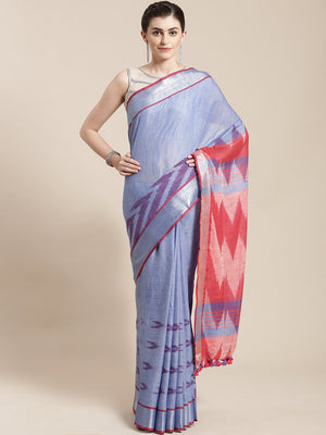 Linen Handwoven Saree and Blouse-Saree-Kalakari India-ALBGSA0039-Hand Woven, Linen, Sarees, Sustainable Fabrics, Traditional Weave-[Linen,Ethnic,wear,Fashionista,Handloom,Handicraft,Indigo,blockprint,block,print,Cotton,Chanderi,Blue, latest,classy,party,bollywood,trendy,summer,style,traditional,formal,elegant,unique,style,hand,block,print, dabu,booti,gift,present,glamorous,affordable,collectible,Sari,Saree,printed, holi, Diwali, birthday, anniversary, sustainable, organic, scarf, online, low pri