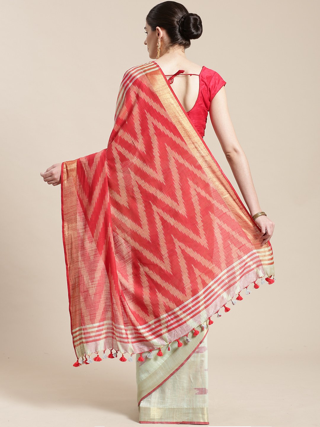 Linen Handwoven Saree and Blouse-Saree-Kalakari India-ALBGSA0048-Hand Woven, Linen, Sarees, Sustainable Fabrics, Traditional Weave-[Linen,Ethnic,wear,Fashionista,Handloom,Handicraft,Indigo,blockprint,block,print,Cotton,Chanderi,Blue, latest,classy,party,bollywood,trendy,summer,style,traditional,formal,elegant,unique,style,hand,block,print, dabu,booti,gift,present,glamorous,affordable,collectible,Sari,Saree,printed, holi, Diwali, birthday, anniversary, sustainable, organic, scarf, online, low pri