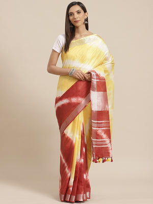 Yellow and Maroon, Kalakari India Linen Shibori Woven Saree and Blouse ALBGSA0050-Saree-Kalakari India-ALBGSA0050-Cotton, Geographical Indication, Hand Crafted, Heritage Prints, Linen, Natural Dyes, Red, Sarees, Shibori, Sustainable Fabrics, Woven, Yellow-[Linen,Ethnic,wear,Fashionista,Handloom,Handicraft,Indigo,blockprint,block,print,Cotton,Chanderi,Blue, latest,classy,party,bollywood,trendy,summer,style,traditional,formal,elegant,unique,style,hand,block,print, dabu,booti,gift,present,glamorous