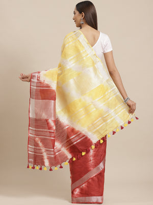 Yellow and Maroon, Kalakari India Linen Shibori Woven Saree and Blouse ALBGSA0050-Saree-Kalakari India-ALBGSA0050-Cotton, Geographical Indication, Hand Crafted, Heritage Prints, Linen, Natural Dyes, Red, Sarees, Shibori, Sustainable Fabrics, Woven, Yellow-[Linen,Ethnic,wear,Fashionista,Handloom,Handicraft,Indigo,blockprint,block,print,Cotton,Chanderi,Blue, latest,classy,party,bollywood,trendy,summer,style,traditional,formal,elegant,unique,style,hand,block,print, dabu,booti,gift,present,glamorous