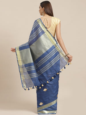 Blue and Gold, Kalakari India Linen Woven Saree and Blouse ALBGSA0051-Saree-Kalakari India-ALBGSA0051-Cotton, Geographical Indication, Hand Crafted, Heritage Prints, Linen, Natural Dyes, Red, Sarees, Shibori, Sustainable Fabrics, Woven, Yellow-[Linen,Ethnic,wear,Fashionista,Handloom,Handicraft,Indigo,blockprint,block,print,Cotton,Chanderi,Blue, latest,classy,party,bollywood,trendy,summer,style,traditional,formal,elegant,unique,style,hand,block,print, dabu,booti,gift,present,glamorous,affordable,