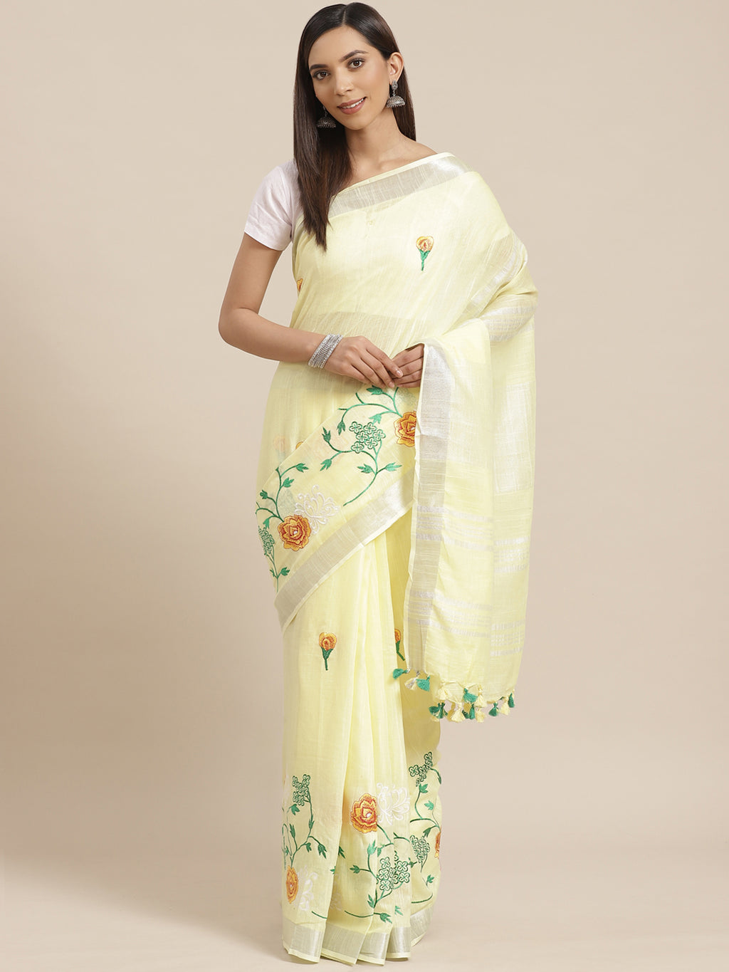 Yellow and Green, Kalakari India Linen Woven Saree and Blouse ALBGSA0053-Saree-Kalakari India-ALBGSA0053-Cotton, Geographical Indication, Hand Crafted, Heritage Prints, Linen, Natural Dyes, Red, Sarees, Shibori, Sustainable Fabrics, Woven, Yellow-[Linen,Ethnic,wear,Fashionista,Handloom,Handicraft,Indigo,blockprint,block,print,Cotton,Chanderi,Blue, latest,classy,party,bollywood,trendy,summer,style,traditional,formal,elegant,unique,style,hand,block,print, dabu,booti,gift,present,glamorous,affordab