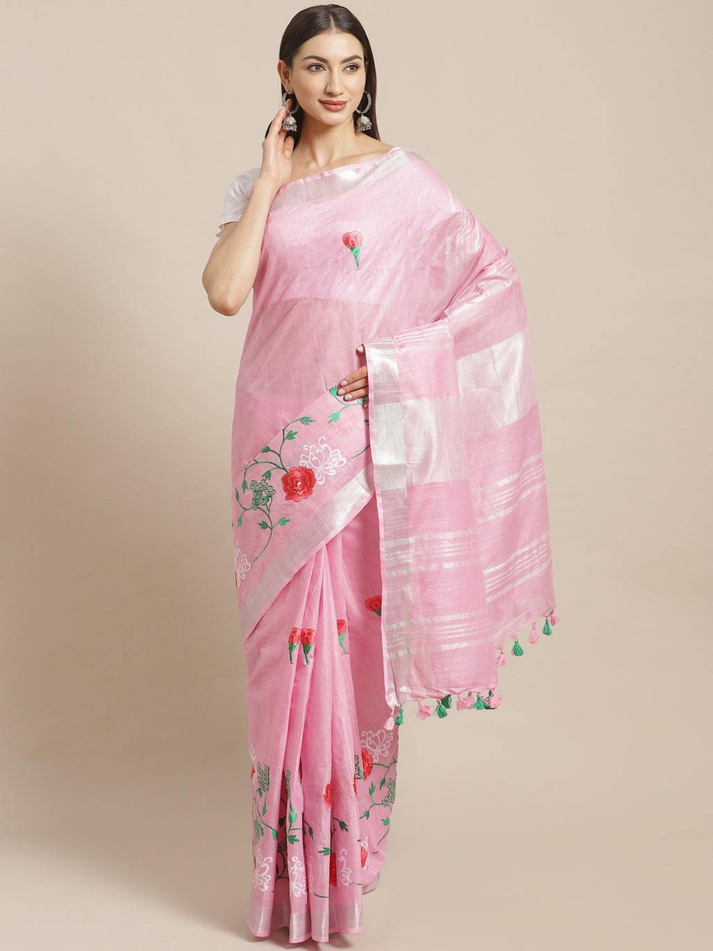 Pink and White, Kalakari India Linen Woven Saree and Blouse ALBGSA0054-Saree-Kalakari India-ALBGSA0054-Cotton, Geographical Indication, Hand Crafted, Heritage Prints, Linen, Natural Dyes, Red, Sarees, Shibori, Sustainable Fabrics, Woven, Yellow-[Linen,Ethnic,wear,Fashionista,Handloom,Handicraft,Indigo,blockprint,block,print,Cotton,Chanderi,Blue, latest,classy,party,bollywood,trendy,summer,style,traditional,formal,elegant,unique,style,hand,block,print, dabu,booti,gift,present,glamorous,affordable