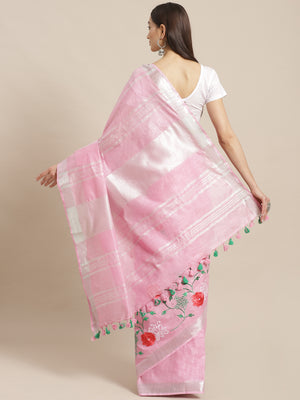 Pink and White, Kalakari India Linen Woven Saree and Blouse ALBGSA0054-Saree-Kalakari India-ALBGSA0054-Cotton, Geographical Indication, Hand Crafted, Heritage Prints, Linen, Natural Dyes, Red, Sarees, Shibori, Sustainable Fabrics, Woven, Yellow-[Linen,Ethnic,wear,Fashionista,Handloom,Handicraft,Indigo,blockprint,block,print,Cotton,Chanderi,Blue, latest,classy,party,bollywood,trendy,summer,style,traditional,formal,elegant,unique,style,hand,block,print, dabu,booti,gift,present,glamorous,affordable