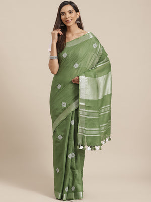 Green and White, Kalakari India Linen Woven Saree and Blouse ALBGSA0055-Saree-Kalakari India-ALBGSA0055-Cotton, Geographical Indication, Hand Crafted, Heritage Prints, Linen, Natural Dyes, Red, Sarees, Shibori, Sustainable Fabrics, Woven, Yellow-[Linen,Ethnic,wear,Fashionista,Handloom,Handicraft,Indigo,blockprint,block,print,Cotton,Chanderi,Blue, latest,classy,party,bollywood,trendy,summer,style,traditional,formal,elegant,unique,style,hand,block,print, dabu,booti,gift,present,glamorous,affordabl