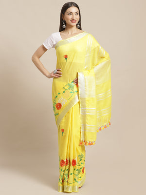 Yellow and White, Kalakari India Linen Woven Saree and Blouse ALBGSA0059-Saree-Kalakari India-ALBGSA0059-Cotton, Geographical Indication, Hand Crafted, Heritage Prints, Linen, Natural Dyes, Red, Sarees, Shibori, Sustainable Fabrics, Woven, Yellow-[Linen,Ethnic,wear,Fashionista,Handloom,Handicraft,Indigo,blockprint,block,print,Cotton,Chanderi,Blue, latest,classy,party,bollywood,trendy,summer,style,traditional,formal,elegant,unique,style,hand,block,print, dabu,booti,gift,present,glamorous,affordab