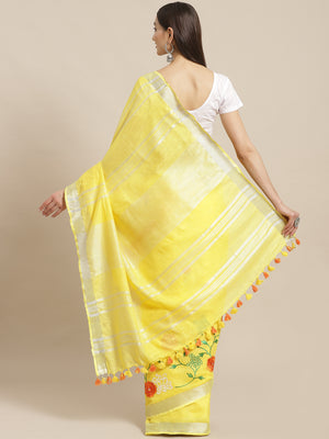 Yellow and White, Kalakari India Linen Woven Saree and Blouse ALBGSA0059-Saree-Kalakari India-ALBGSA0059-Cotton, Geographical Indication, Hand Crafted, Heritage Prints, Linen, Natural Dyes, Red, Sarees, Shibori, Sustainable Fabrics, Woven, Yellow-[Linen,Ethnic,wear,Fashionista,Handloom,Handicraft,Indigo,blockprint,block,print,Cotton,Chanderi,Blue, latest,classy,party,bollywood,trendy,summer,style,traditional,formal,elegant,unique,style,hand,block,print, dabu,booti,gift,present,glamorous,affordab