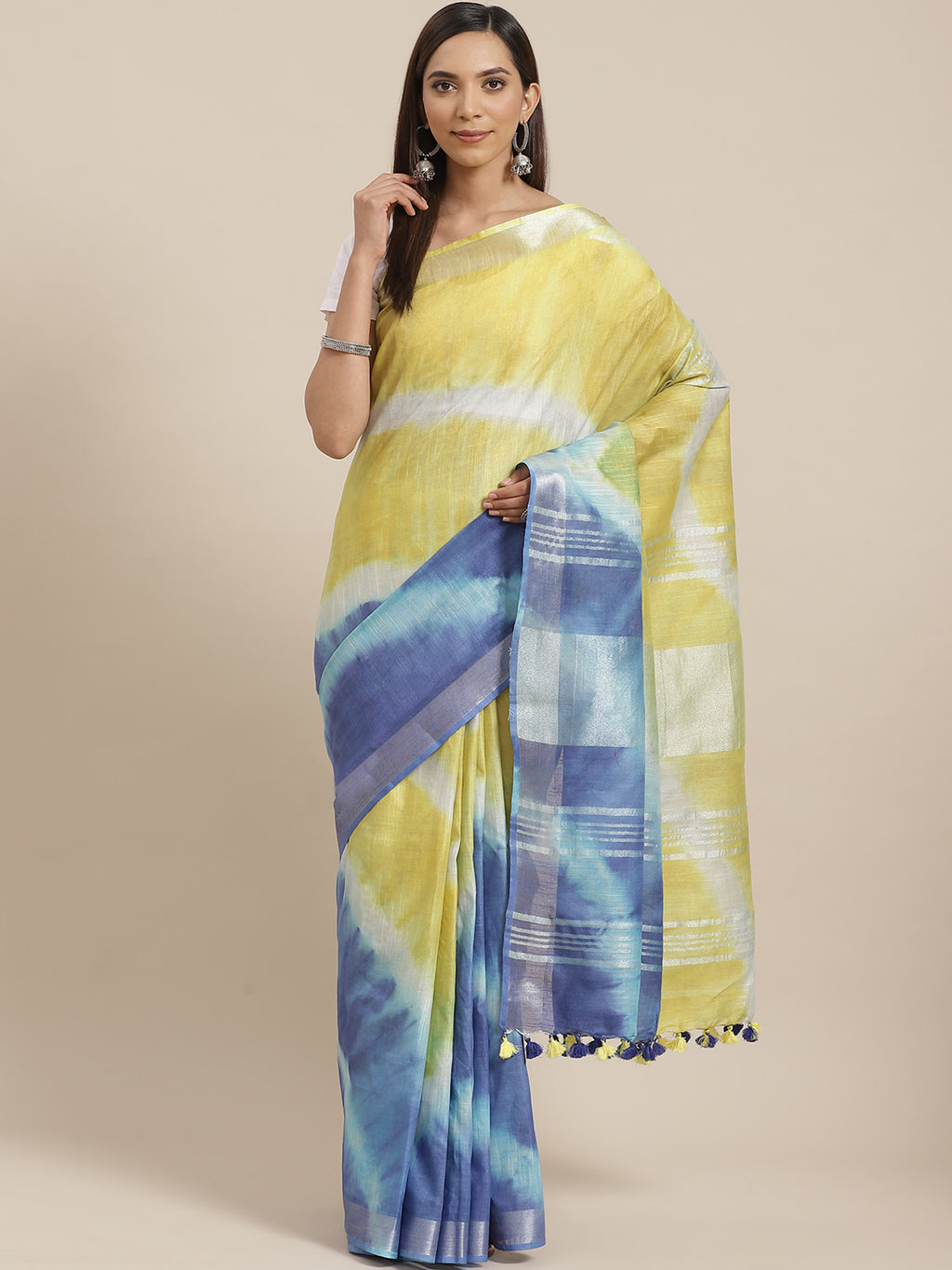 Yellow and Blue, Kalakari India Linen Shibori Woven Saree and Blouse ALBGSA0060-Saree-Kalakari India-ALBGSA0060-Cotton, Geographical Indication, Hand Crafted, Heritage Prints, Linen, Natural Dyes, Red, Sarees, Shibori, Sustainable Fabrics, Woven, Yellow-[Linen,Ethnic,wear,Fashionista,Handloom,Handicraft,Indigo,blockprint,block,print,Cotton,Chanderi,Blue, latest,classy,party,bollywood,trendy,summer,style,traditional,formal,elegant,unique,style,hand,block,print, dabu,booti,gift,present,glamorous,a