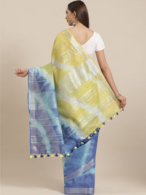 Yellow and Blue, Kalakari India Linen Shibori Woven Saree and Blouse ALBGSA0060-Saree-Kalakari India-ALBGSA0060-Cotton, Geographical Indication, Hand Crafted, Heritage Prints, Linen, Natural Dyes, Red, Sarees, Shibori, Sustainable Fabrics, Woven, Yellow-[Linen,Ethnic,wear,Fashionista,Handloom,Handicraft,Indigo,blockprint,block,print,Cotton,Chanderi,Blue, latest,classy,party,bollywood,trendy,summer,style,traditional,formal,elegant,unique,style,hand,block,print, dabu,booti,gift,present,glamorous,a