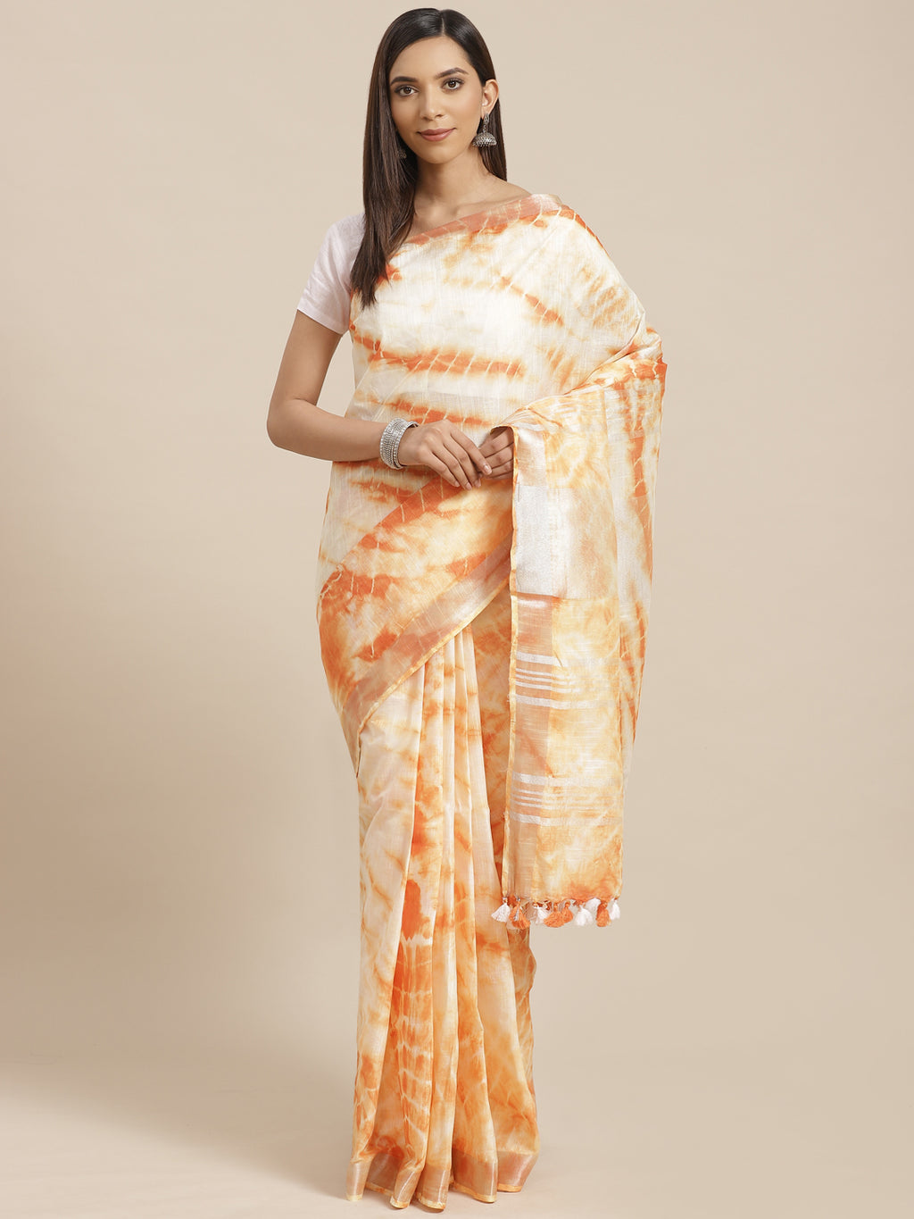 Orange and White, Kalakari India Linen Shibori Woven Saree and Blouse ALBGSA0061-Saree-Kalakari India-ALBGSA0061-Cotton, Geographical Indication, Hand Crafted, Heritage Prints, Linen, Natural Dyes, Red, Sarees, Shibori, Sustainable Fabrics, Woven, Yellow-[Linen,Ethnic,wear,Fashionista,Handloom,Handicraft,Indigo,blockprint,block,print,Cotton,Chanderi,Blue, latest,classy,party,bollywood,trendy,summer,style,traditional,formal,elegant,unique,style,hand,block,print, dabu,booti,gift,present,glamorous,