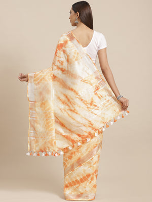 Orange and White, Kalakari India Linen Shibori Woven Saree and Blouse ALBGSA0061-Saree-Kalakari India-ALBGSA0061-Cotton, Geographical Indication, Hand Crafted, Heritage Prints, Linen, Natural Dyes, Red, Sarees, Shibori, Sustainable Fabrics, Woven, Yellow-[Linen,Ethnic,wear,Fashionista,Handloom,Handicraft,Indigo,blockprint,block,print,Cotton,Chanderi,Blue, latest,classy,party,bollywood,trendy,summer,style,traditional,formal,elegant,unique,style,hand,block,print, dabu,booti,gift,present,glamorous,