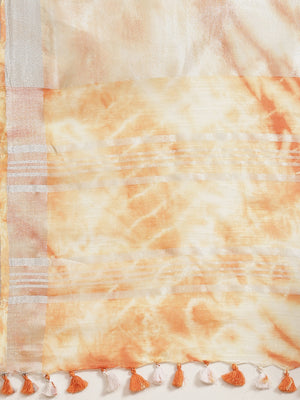 Orange and White, Kalakari India Linen Shibori Woven Saree and Blouse ALBGSA0061-Saree-Kalakari India-ALBGSA0061-Cotton, Geographical Indication, Hand Crafted, Heritage Prints, Linen, Natural Dyes, Red, Sarees, Shibori, Sustainable Fabrics, Woven, Yellow-[Linen,Ethnic,wear,Fashionista,Handloom,Handicraft,Indigo,blockprint,block,print,Cotton,Chanderi,Blue, latest,classy,party,bollywood,trendy,summer,style,traditional,formal,elegant,unique,style,hand,block,print, dabu,booti,gift,present,glamorous,