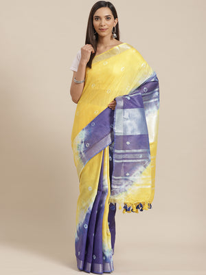 Yellow and Blue, Kalakari India Linen Shibori Woven Saree and Blouse ALBGSA0062-Saree-Kalakari India-ALBGSA0062-Cotton, Geographical Indication, Hand Crafted, Heritage Prints, Linen, Natural Dyes, Red, Sarees, Shibori, Sustainable Fabrics, Woven, Yellow-[Linen,Ethnic,wear,Fashionista,Handloom,Handicraft,Indigo,blockprint,block,print,Cotton,Chanderi,Blue, latest,classy,party,bollywood,trendy,summer,style,traditional,formal,elegant,unique,style,hand,block,print, dabu,booti,gift,present,glamorous,a