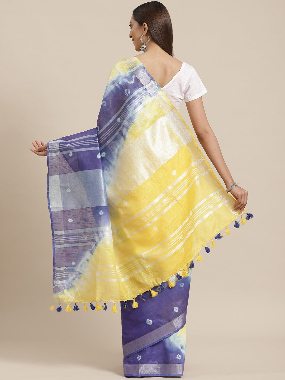 Yellow and Blue, Kalakari India Linen Shibori Woven Saree and Blouse ALBGSA0062-Saree-Kalakari India-ALBGSA0062-Cotton, Geographical Indication, Hand Crafted, Heritage Prints, Linen, Natural Dyes, Red, Sarees, Shibori, Sustainable Fabrics, Woven, Yellow-[Linen,Ethnic,wear,Fashionista,Handloom,Handicraft,Indigo,blockprint,block,print,Cotton,Chanderi,Blue, latest,classy,party,bollywood,trendy,summer,style,traditional,formal,elegant,unique,style,hand,block,print, dabu,booti,gift,present,glamorous,a
