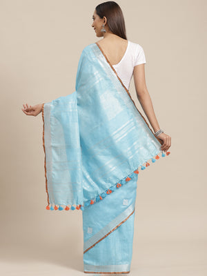 Blue and White, Kalakari India Linen Woven Saree and Blouse ALBGSA0063-Saree-Kalakari India-ALBGSA0063-Cotton, Geographical Indication, Hand Crafted, Heritage Prints, Linen, Natural Dyes, Red, Sarees, Shibori, Sustainable Fabrics, Woven, Yellow-[Linen,Ethnic,wear,Fashionista,Handloom,Handicraft,Indigo,blockprint,block,print,Cotton,Chanderi,Blue, latest,classy,party,bollywood,trendy,summer,style,traditional,formal,elegant,unique,style,hand,block,print, dabu,booti,gift,present,glamorous,affordable