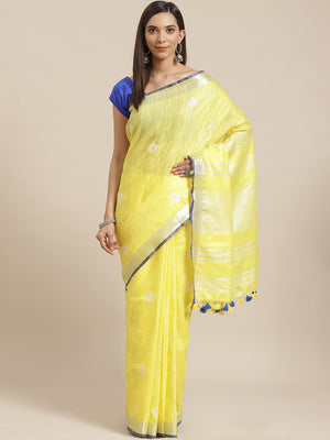 Yellow and Blue, Kalakari India Linen Woven Saree and Blouse ALBGSA0064-Saree-Kalakari India-ALBGSA0064-Cotton, Geographical Indication, Hand Crafted, Heritage Prints, Linen, Natural Dyes, Red, Sarees, Shibori, Sustainable Fabrics, Woven, Yellow-[Linen,Ethnic,wear,Fashionista,Handloom,Handicraft,Indigo,blockprint,block,print,Cotton,Chanderi,Blue, latest,classy,party,bollywood,trendy,summer,style,traditional,formal,elegant,unique,style,hand,block,print, dabu,booti,gift,present,glamorous,affordabl
