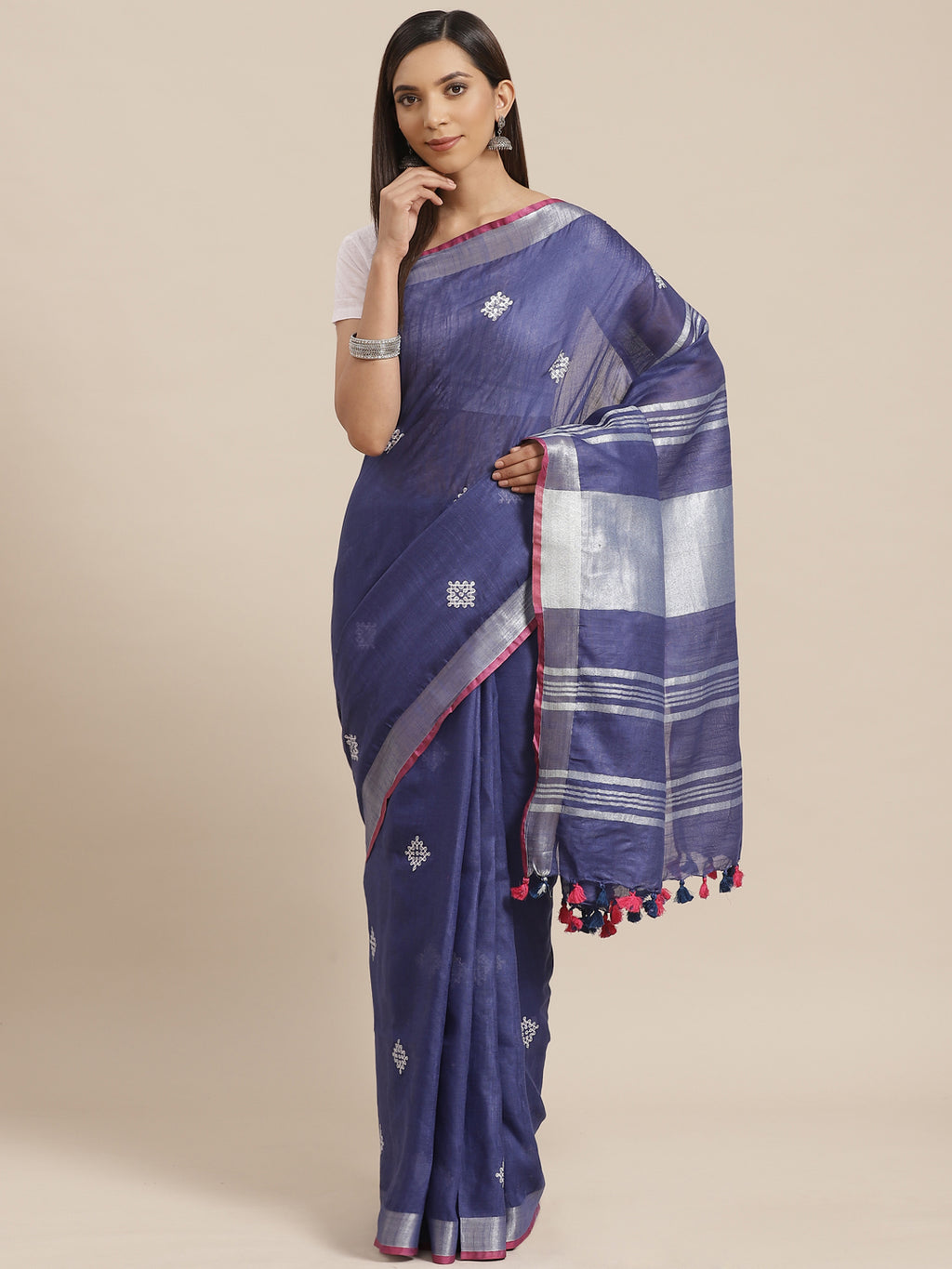 Blue and Red, Kalakari India Linen Woven Saree and Blouse ALBGSA0065-Saree-Kalakari India-ALBGSA0065-Cotton, Geographical Indication, Hand Crafted, Heritage Prints, Linen, Natural Dyes, Red, Sarees, Shibori, Sustainable Fabrics, Woven, Yellow-[Linen,Ethnic,wear,Fashionista,Handloom,Handicraft,Indigo,blockprint,block,print,Cotton,Chanderi,Blue, latest,classy,party,bollywood,trendy,summer,style,traditional,formal,elegant,unique,style,hand,block,print, dabu,booti,gift,present,glamorous,affordable,c