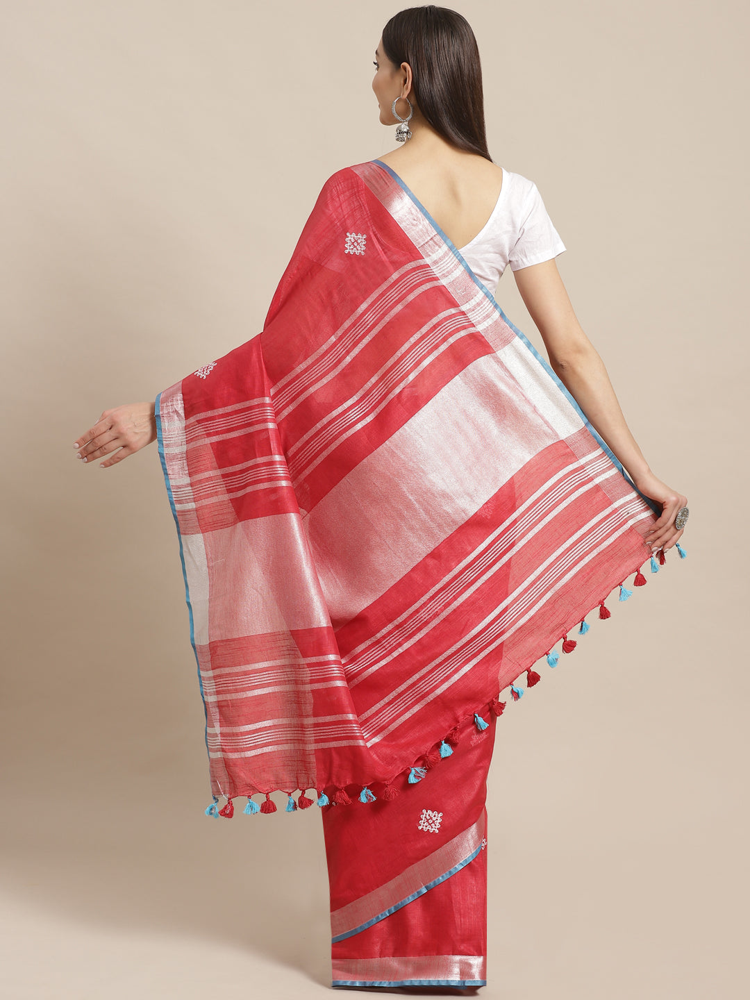 Red and Pink, Kalakari India Linen Woven Saree and Blouse ALBGSA0067-Saree-Kalakari India-ALBGSA0067-Cotton, Geographical Indication, Hand Crafted, Heritage Prints, Linen, Natural Dyes, Red, Sarees, Shibori, Sustainable Fabrics, Woven, Yellow-[Linen,Ethnic,wear,Fashionista,Handloom,Handicraft,Indigo,blockprint,block,print,Cotton,Chanderi,Blue, latest,classy,party,bollywood,trendy,summer,style,traditional,formal,elegant,unique,style,hand,block,print, dabu,booti,gift,present,glamorous,affordable,c