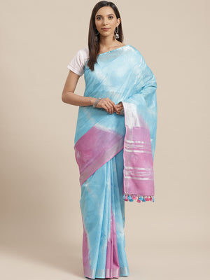 Pink and Blue, Kalakari India Linen Shibori Woven Saree and Blouse ALBGSA0069-Saree-Kalakari India-ALBGSA0069-Cotton, Geographical Indication, Hand Crafted, Heritage Prints, Linen, Natural Dyes, Red, Sarees, Shibori, Sustainable Fabrics, Woven, Yellow-[Linen,Ethnic,wear,Fashionista,Handloom,Handicraft,Indigo,blockprint,block,print,Cotton,Chanderi,Blue, latest,classy,party,bollywood,trendy,summer,style,traditional,formal,elegant,unique,style,hand,block,print, dabu,booti,gift,present,glamorous,aff
