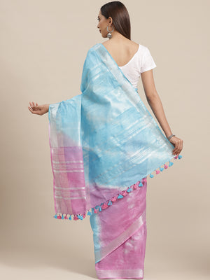 Pink and Blue, Kalakari India Linen Shibori Woven Saree and Blouse ALBGSA0069-Saree-Kalakari India-ALBGSA0069-Cotton, Geographical Indication, Hand Crafted, Heritage Prints, Linen, Natural Dyes, Red, Sarees, Shibori, Sustainable Fabrics, Woven, Yellow-[Linen,Ethnic,wear,Fashionista,Handloom,Handicraft,Indigo,blockprint,block,print,Cotton,Chanderi,Blue, latest,classy,party,bollywood,trendy,summer,style,traditional,formal,elegant,unique,style,hand,block,print, dabu,booti,gift,present,glamorous,aff