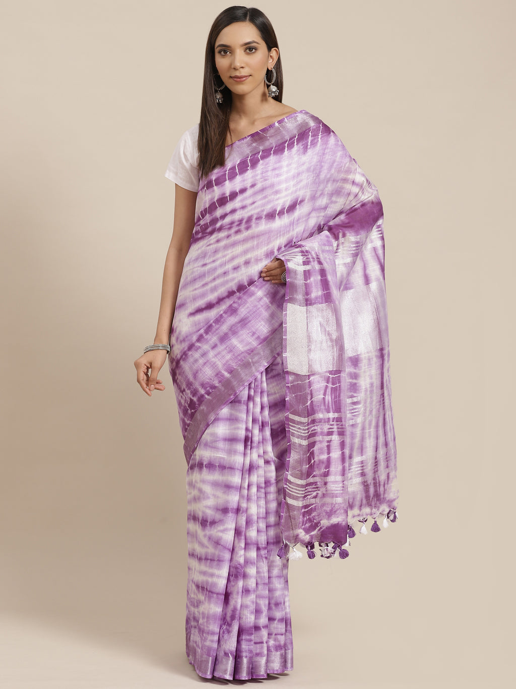 White and Purple, Kalakari India Linen Shibori Woven Saree and Blouse ALBGSA0071-Saree-Kalakari India-ALBGSA0071-Cotton, Geographical Indication, Hand Crafted, Heritage Prints, Linen, Natural Dyes, Red, Sarees, Shibori, Sustainable Fabrics, Woven, Yellow-[Linen,Ethnic,wear,Fashionista,Handloom,Handicraft,Indigo,blockprint,block,print,Cotton,Chanderi,Blue, latest,classy,party,bollywood,trendy,summer,style,traditional,formal,elegant,unique,style,hand,block,print, dabu,booti,gift,present,glamorous,